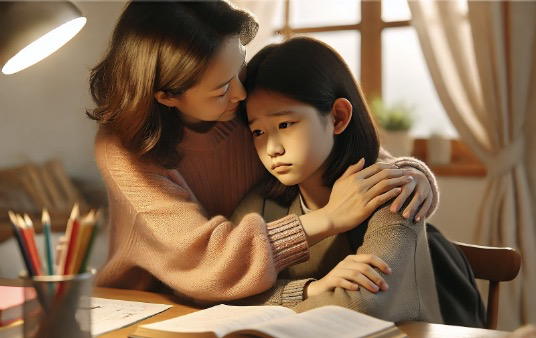 엄마가 공부 스트레스로 힘들어하는 아이를 따뜻하게 위로하는 장면