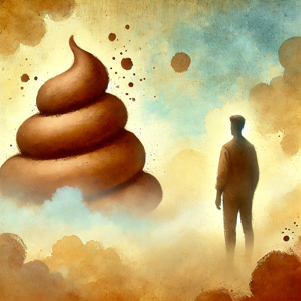 꿈에서 풍성하게 쌓여있는 똥을 바라보고 있는 남성의 모습을 일러스트로 표현.