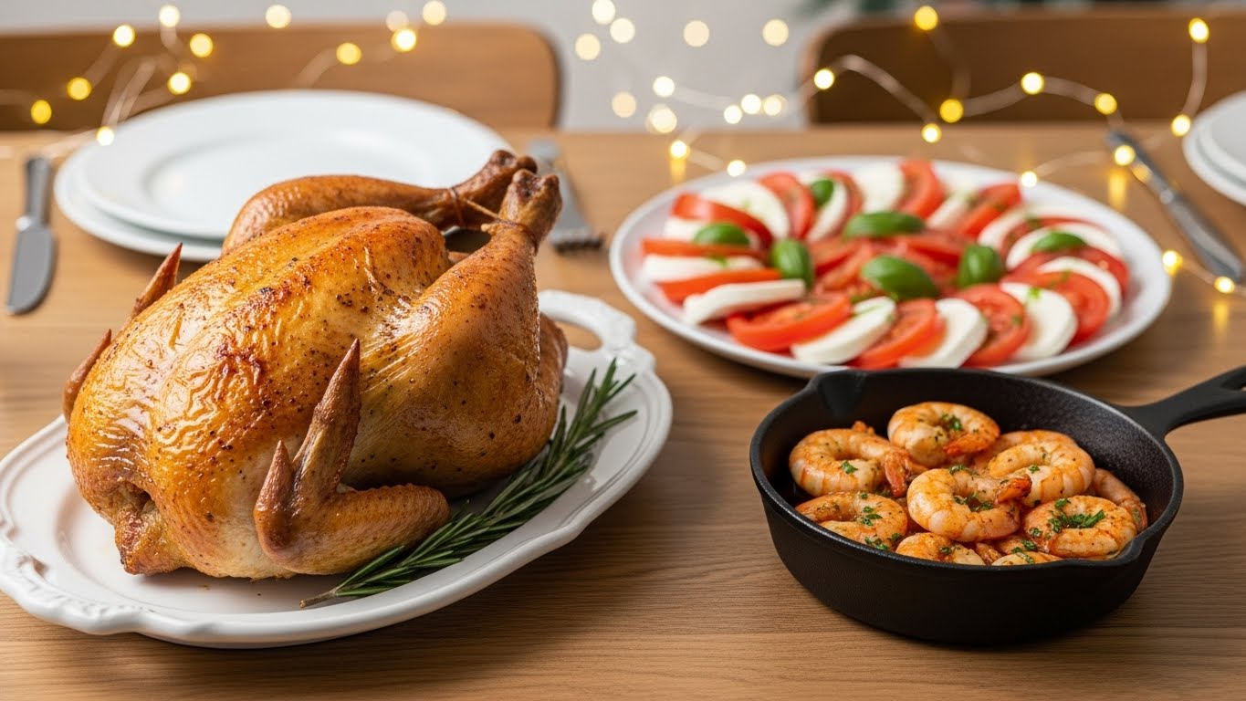 따뜻한 조명이 켜진 아늑한 크리스마스 홈파티 테이블. 중앙에는 먹음직스러운 로스트 치킨과 카프레제 샐러드, 감바스가 놓여 있으며, 배경에는 반짝이는 전구 불빛이 부드럽게 빛나고 있다.