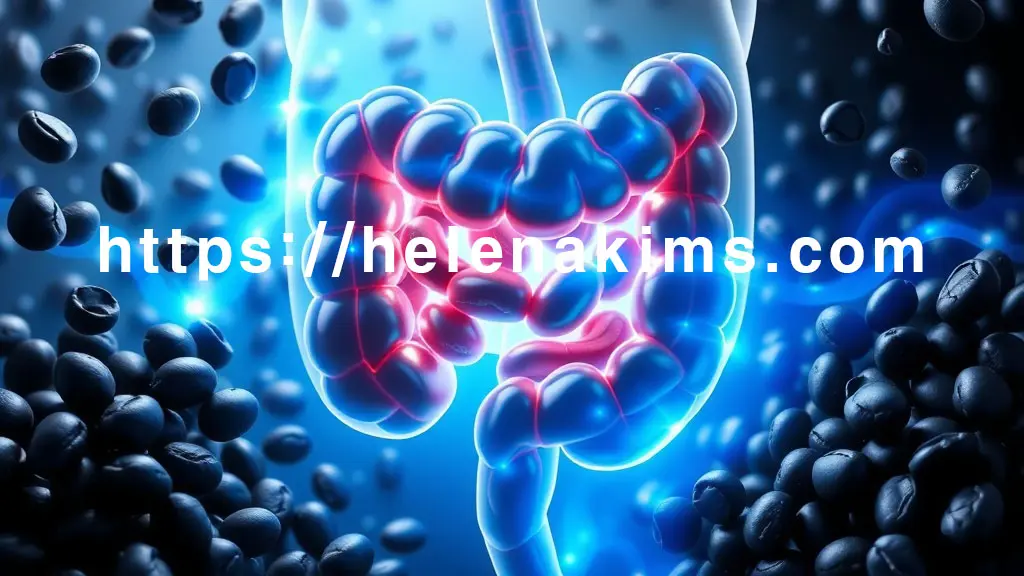 장기 주변으로는 윤기 나는 검은콩 알갱이들이 떠다니거나 유익균처럼 활성화되어 빛나고 있으며, 장기 내부의 노폐물과 독소들이 시원하게 배출되는 듯한 밝고 푸른 에너지 흐름이 시각적으로 표현된다.