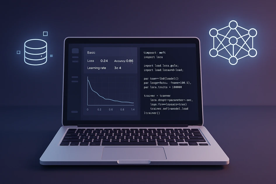 노트북 화면에 LLM 파인튜닝 대시보드와 코드가 보이고, 양옆에 데이터베이스 아이콘과 신경망 아이콘이 떠 있는 AI 파인튜닝 실무 환경 일러스트
