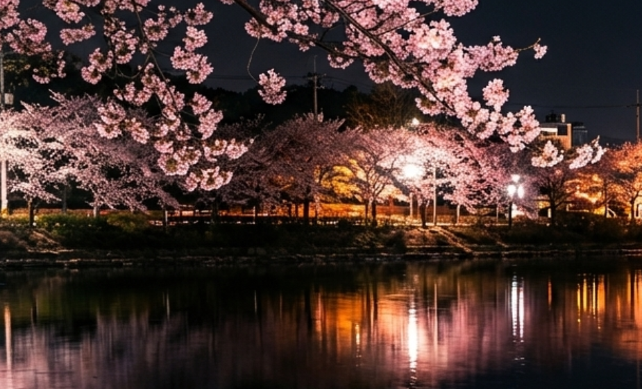 이미지: 야간 조명으로 빛나는 벚꽃 축제 현장