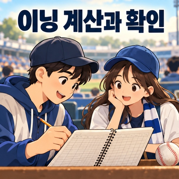 야구팬 두 명이 기록지와 연필로 투구 이닝을 확인하는 모습