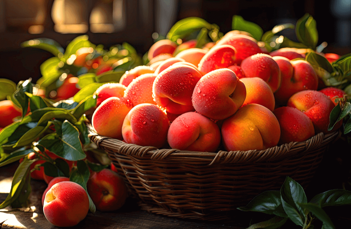 시장 가판대에 복숭아를 파는 가게다. 갈색 바구니에 탐스러운 복숭아들이 수북하다.