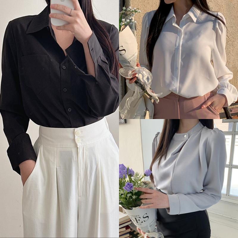 여성 블라우스 셔츠 링클프리 쉬폰 타이 프릴 퍼프 셔링 시스루 포켓 무지 카라 빅사이즈