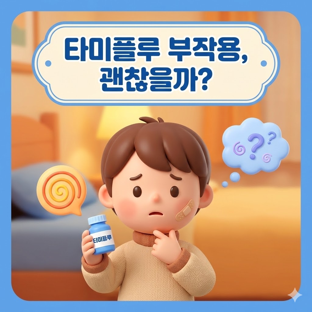 걱정스러운 표정의 아이가 타미플루 약병을 들고 있고, 주변에는 메스꺼움과 혼란을 은유적으로 나타내는 귀여운 상징들이 떠다니는 3D 카툰 일러스트. '타미플루 부작용, 괜찮을까?' 문구가 강조되어 있다.