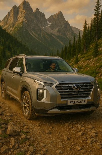 현대 팰리세이드 4WD를 타고 산악여행을 하는 사진