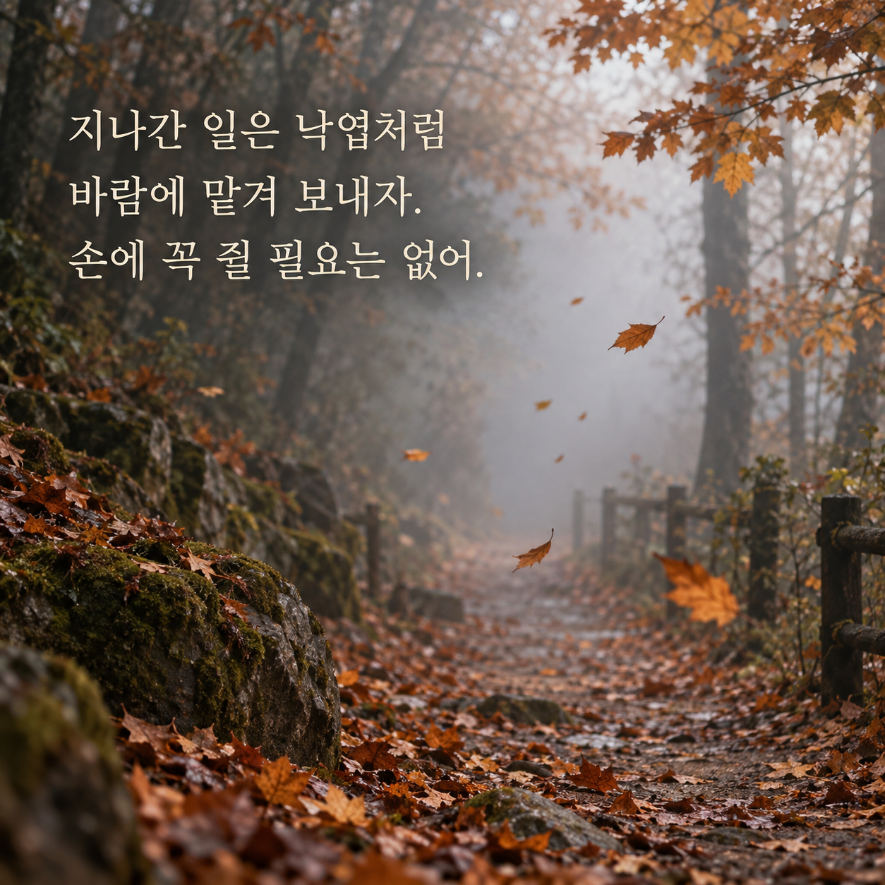 지나간 일은 낙엽처럼 바람에 맡겨 보내자 손에 꼭 쥘 필요는 없어