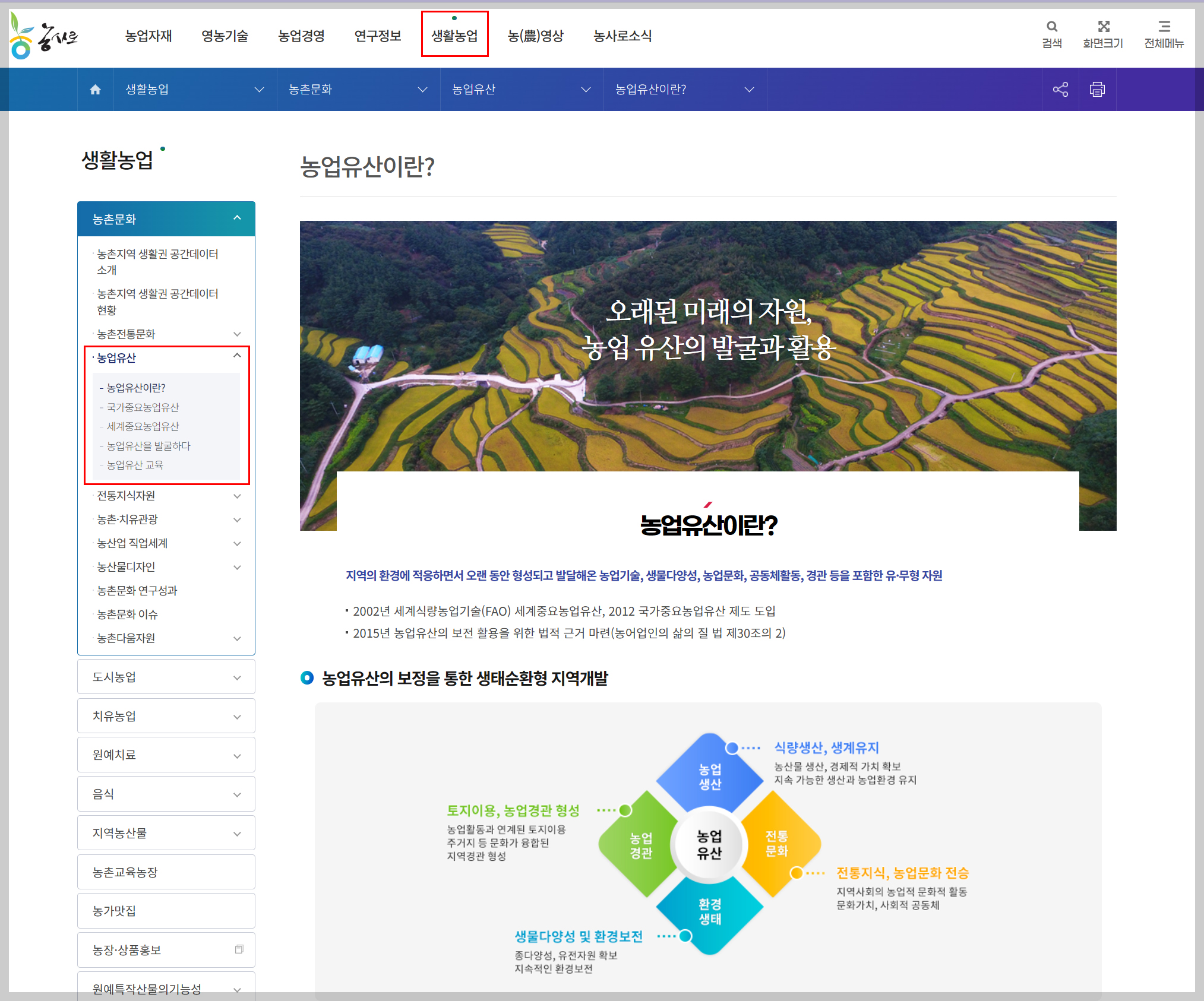 2025 농촌여행 페스티벌, 농사로 사이트, 생활농업, 농업유산 페이지