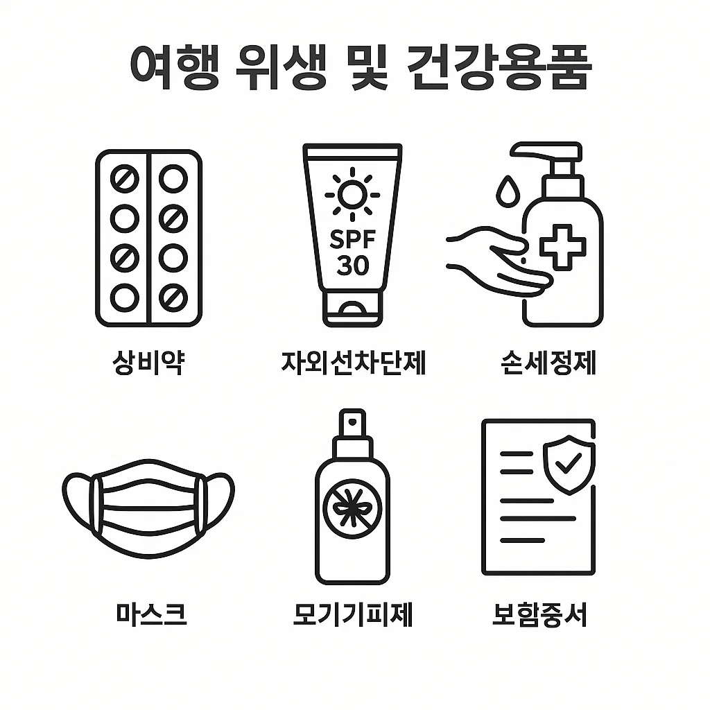 상비약, 자외선차단제, 마스크 등 필수 위생용품과 건강용품 요약 이미지