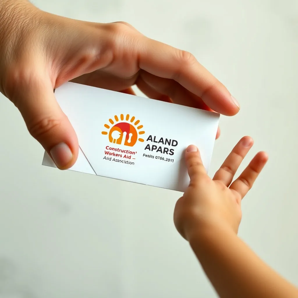 따뜻하고 친근한 색상의 로고나 심볼이 담긴 봉투나 카드를 큰 손이 조심스럽게 건네는 모습입니다. 받는 쪽의 손은 작고 연약한 아이의 손을 표현하여, 어른의 보호와 지원을 시각적으로 나타냅니다.