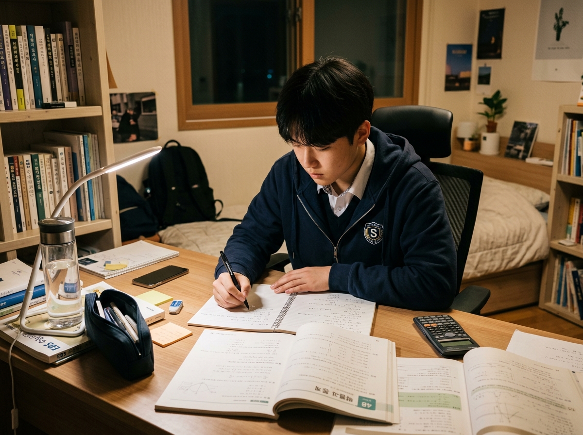 고등학생이 집중하여 수학 문제 풀이에 몰두하는 모습