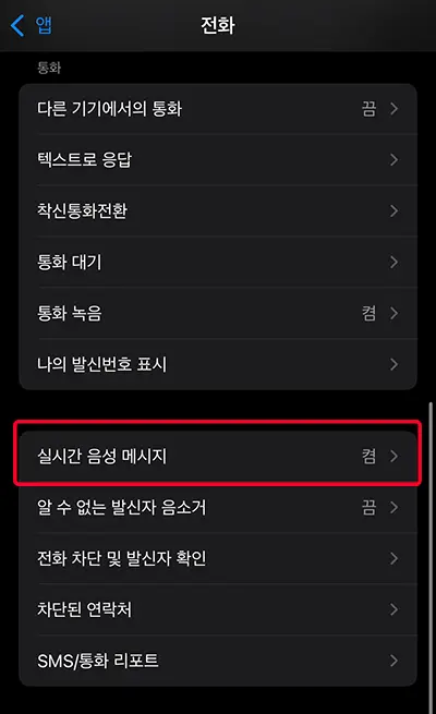 실시간 음성메시지 항목이 활성화되어 있어 문제가 된 것으로 보인다.