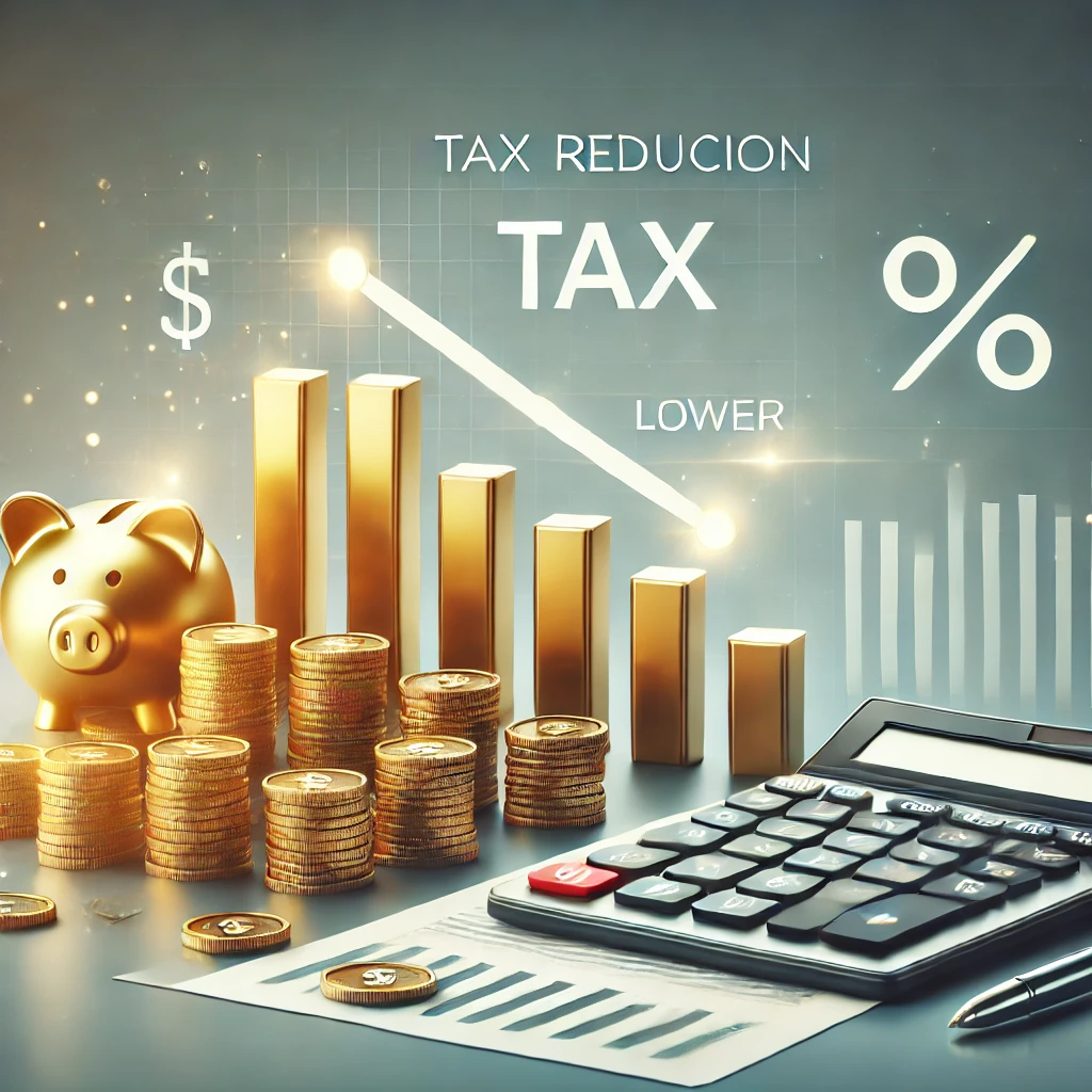 세금이 줄어드는 그래프와 코인, 계산기 아이콘 포함된 이미지