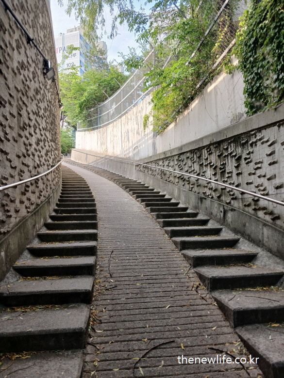 “Split stairs with slope access leading to a bike road”- “경사로와 분리된 자전거 도로 입구 계단”