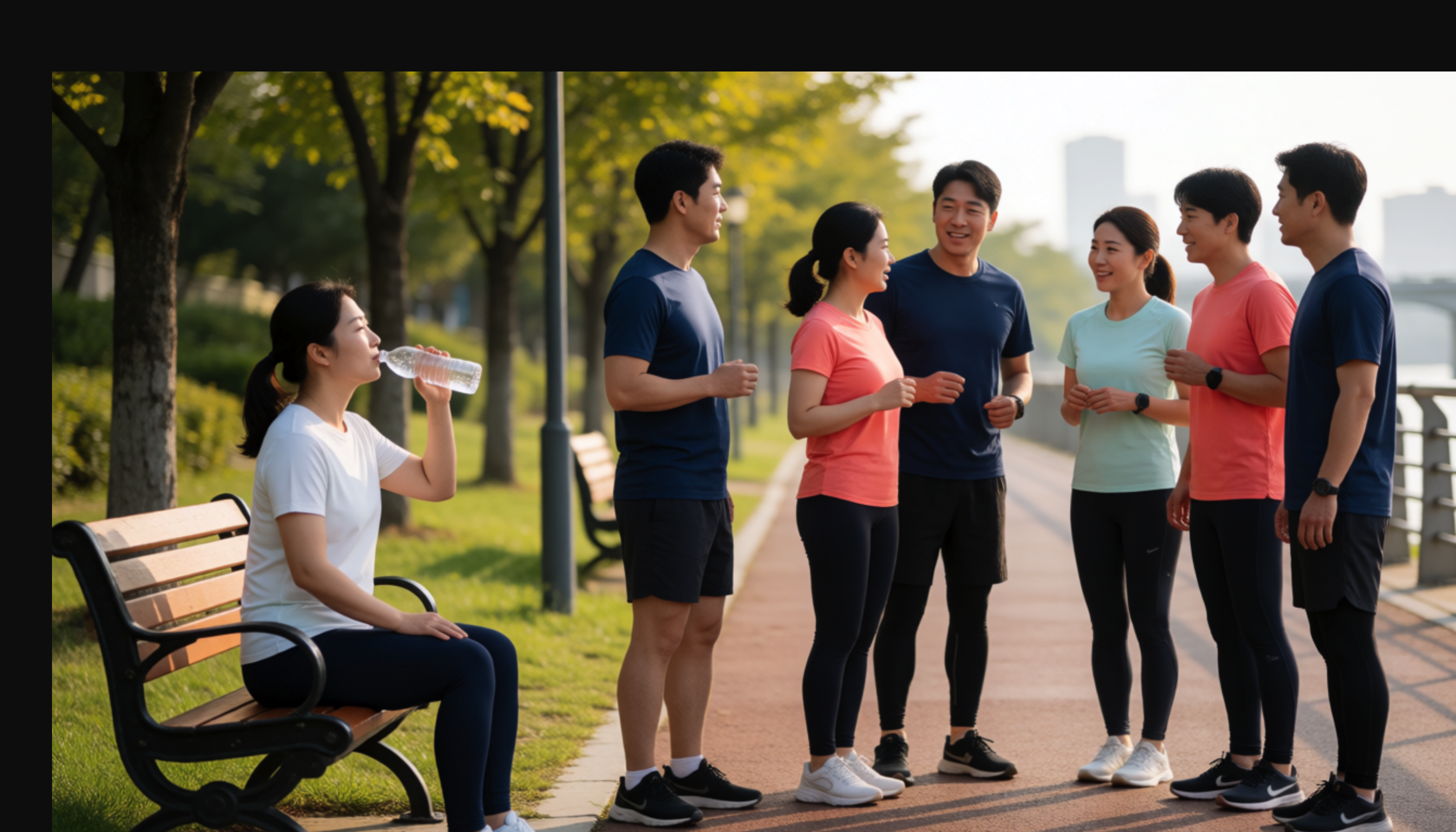 공원 벤치에 앉아 물을 마시는 사람과 뒤쪽에서 대화하는 성인 여섯 명