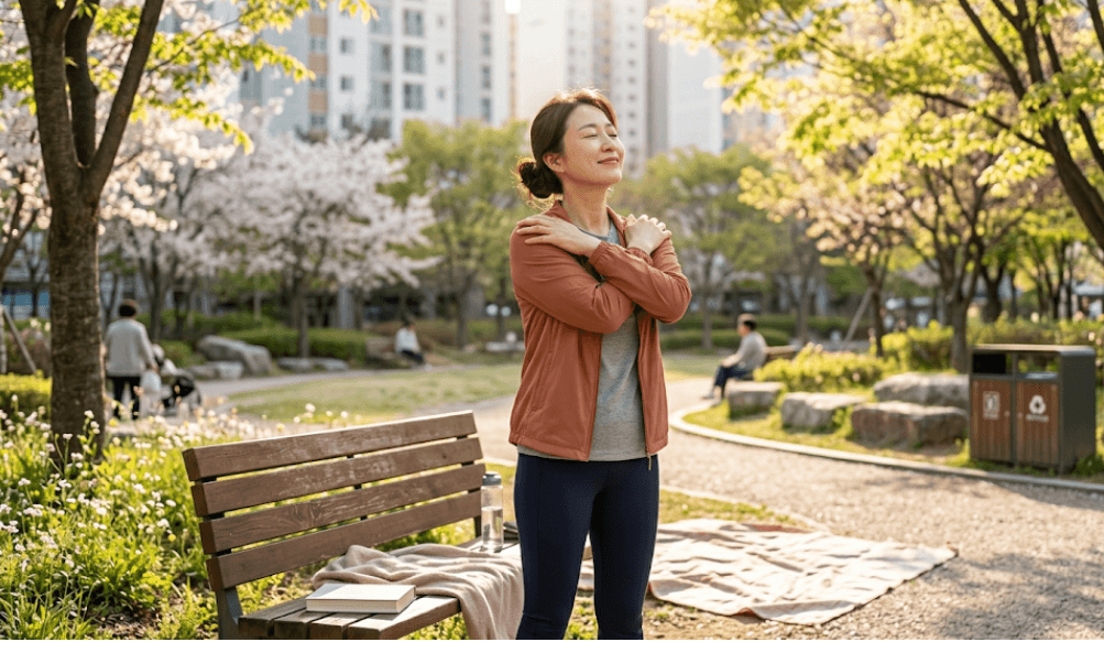육아 스트레스 줄이기_공원에서 햇볕을 쬐며 스트레스를 줄이는 모습