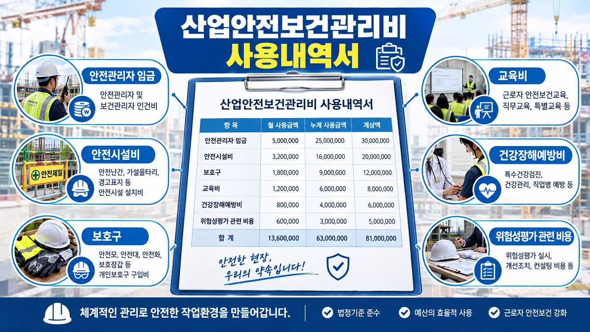 산업안전보건관리비 사용내역서에 월별 사용금액과 누계금액을 기록하는 모습