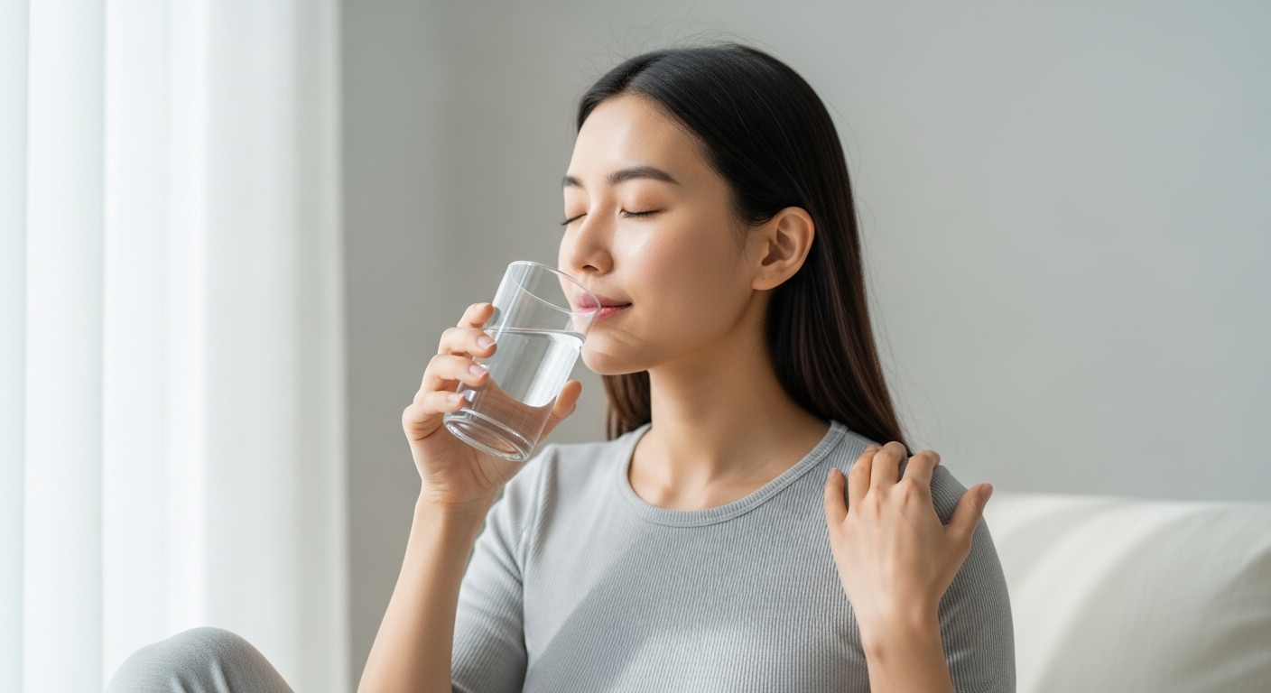 빛나는 피부를 가진 여성이 건강한 생활 습관을 실천하며 내면의 아름다움을 가꾸는 모습.