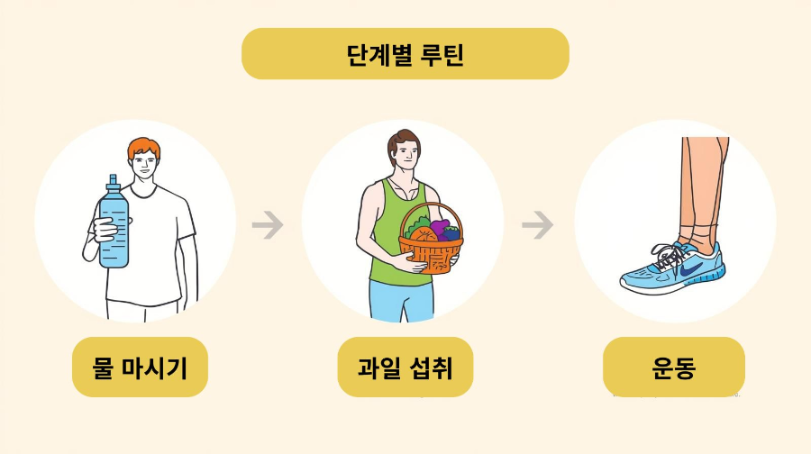 초보·중급·상급 루틴을 물 마시기, 과일 섭취, 운동으로 단계별 표현한 일러스트