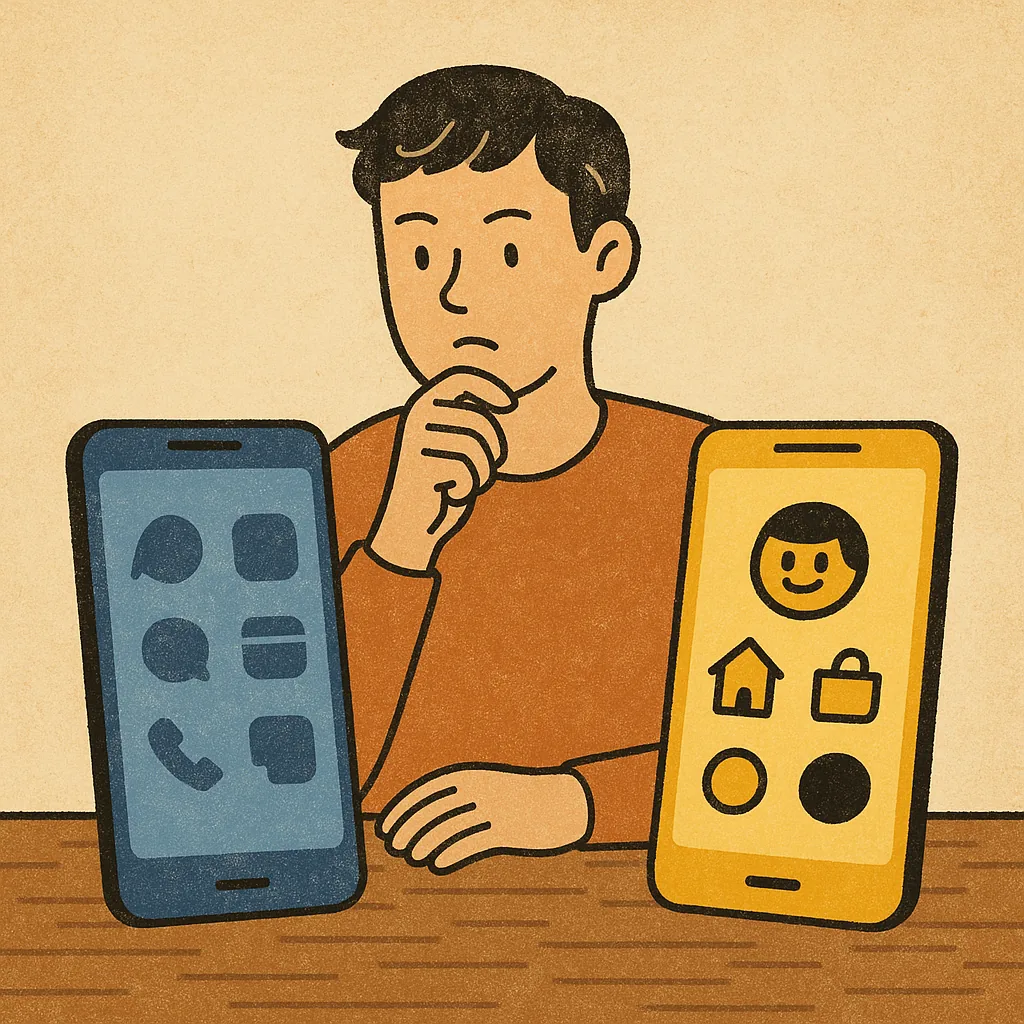 토스와-카카오뱅크의-편리성을-비교하는-모습을-상징적으로-표현한-일러스트-두-스마트폰을-바라보며-고민하는-사용자-이미지