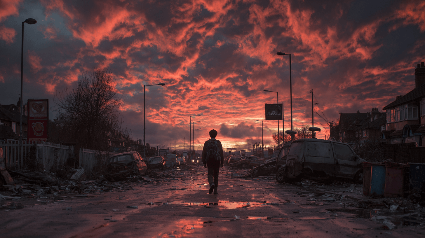 황폐해진-도시를-걷고-있는-사람의-뒷모습