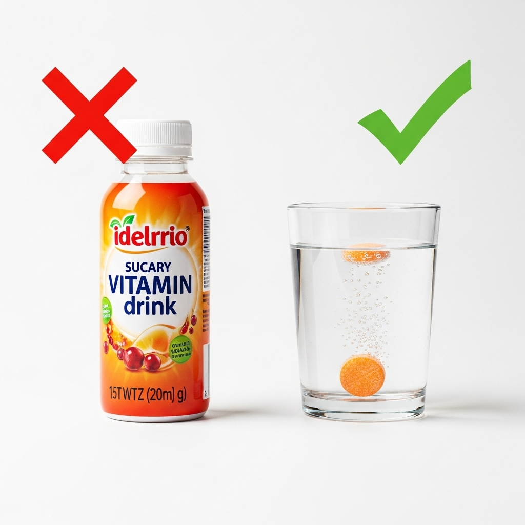 비타민 음료 병과 발포 비타민이 담긴 물컵을 나란히 놓고, 비타민 음료 쪽에 '위험' 표시를 한 비교 이미지