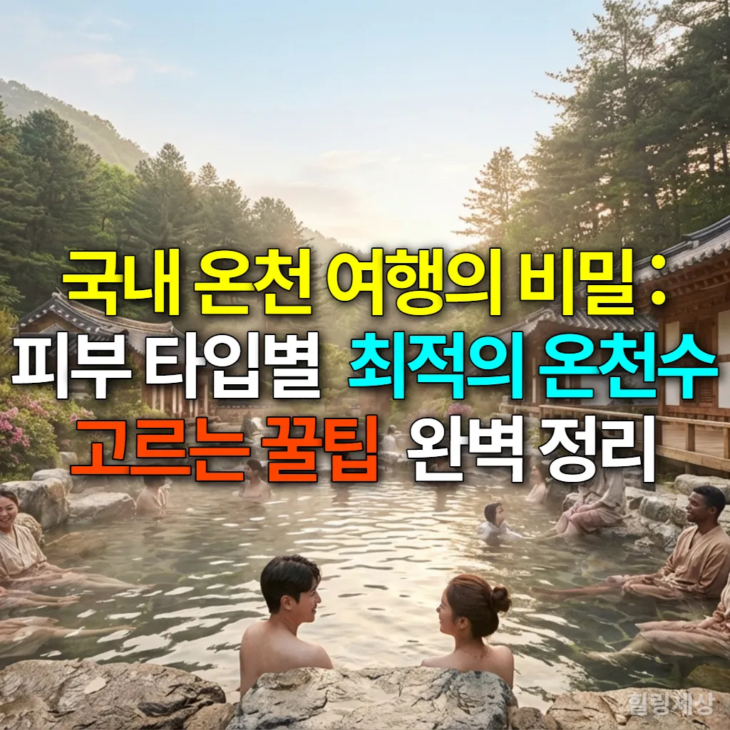 한국의 아름다운 산악 풍경에 자리한 한적한 야외 온천 리조트에서 다양한 사람들이 온천욕을 즐기며 휴식하는 모습