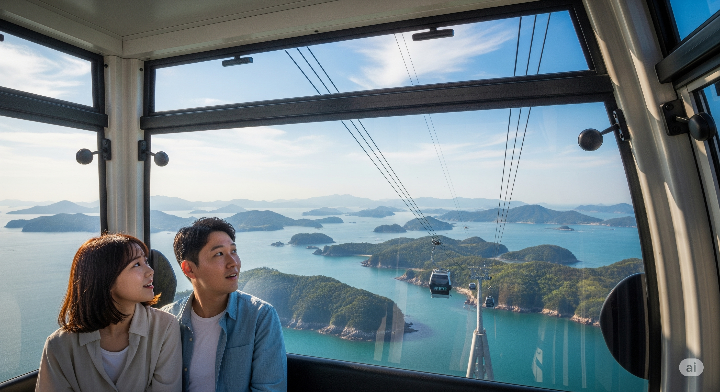 목포 해상케이블카에서 바다 풍경을 바라보는 커플