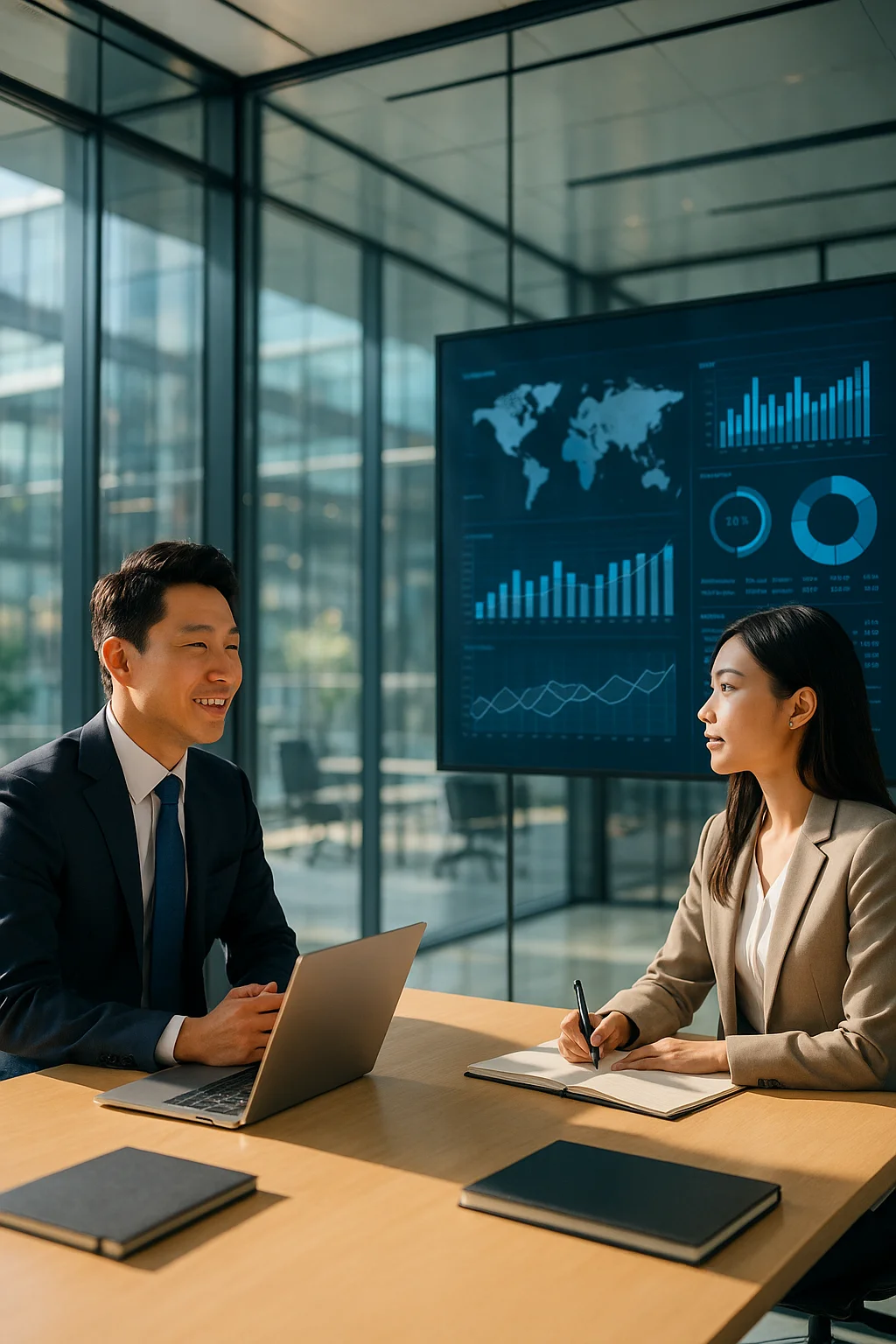미래지향적인 사무실 풍경, 유리 벽과 대형 디지털 스크린이 있는 회의실, 아시아계 비즈니스맨과 여성 직원이 회의 중인 모습, 따뜻한 자연광, 기업 홍보 이미지 스타일, 고해상도, 세련된 느낌