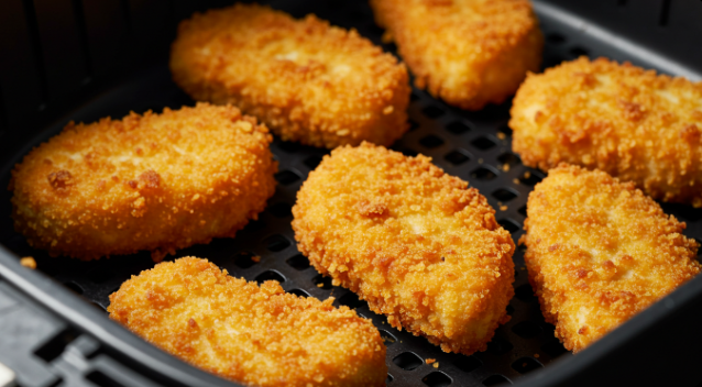 에어프라이어 바스켓에 담긴 치킨 너겟이 노릇하게 익어가고 있는 모습