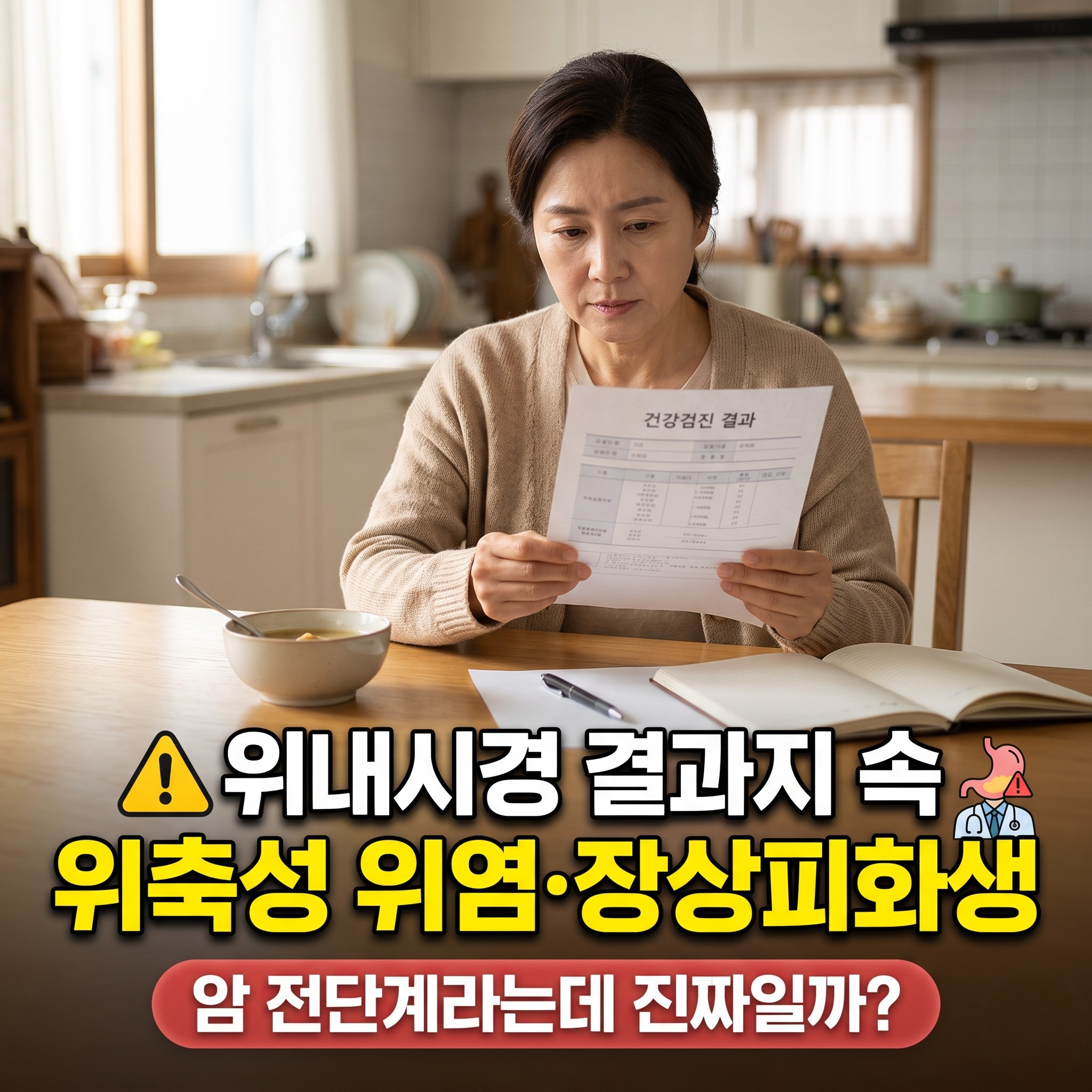 따뜻한 가정집 식탁에 앉아 위내시경 건강검진 결과지를 진지하게 들여다보는 중년 여성과 위축성 위염 장상피화생 안내 텍스트가 담긴 썸네일
