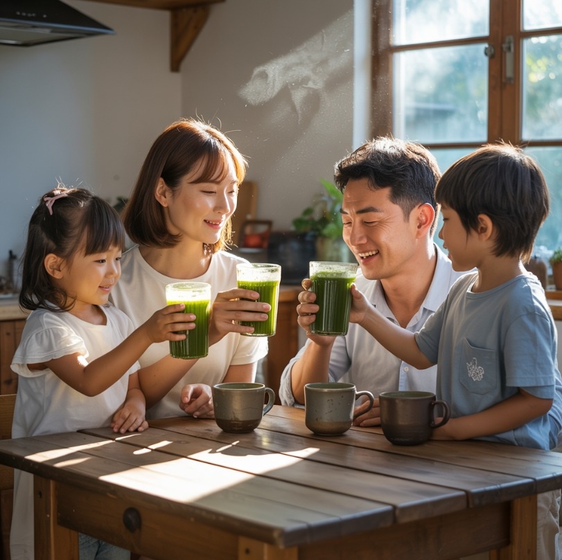 디톡스 주스 마시는 가족 이미지