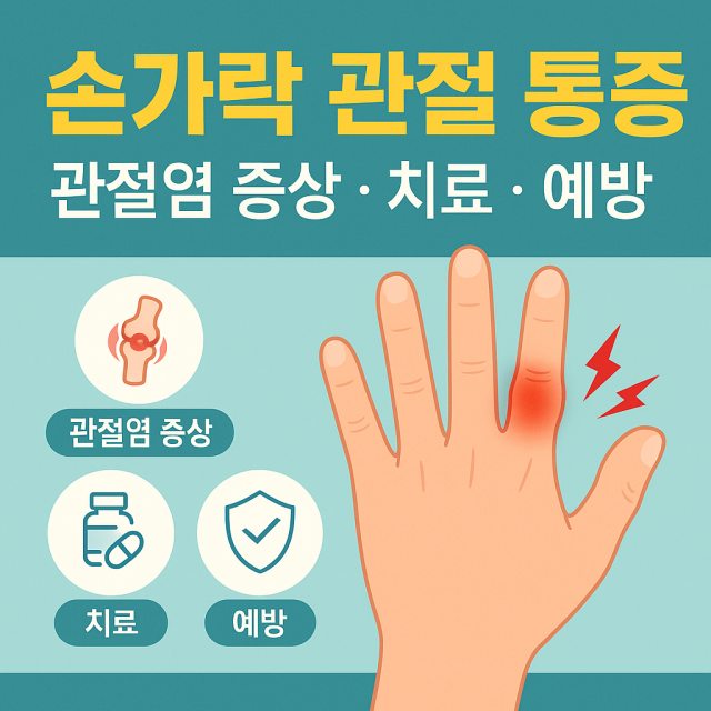손가락 관절 통증과 관절염의 증상, 치료 및 예방 방법을 설명하는 대표 이미지로 관절 건강과 생활 관리의 중요성을 강조한 그림