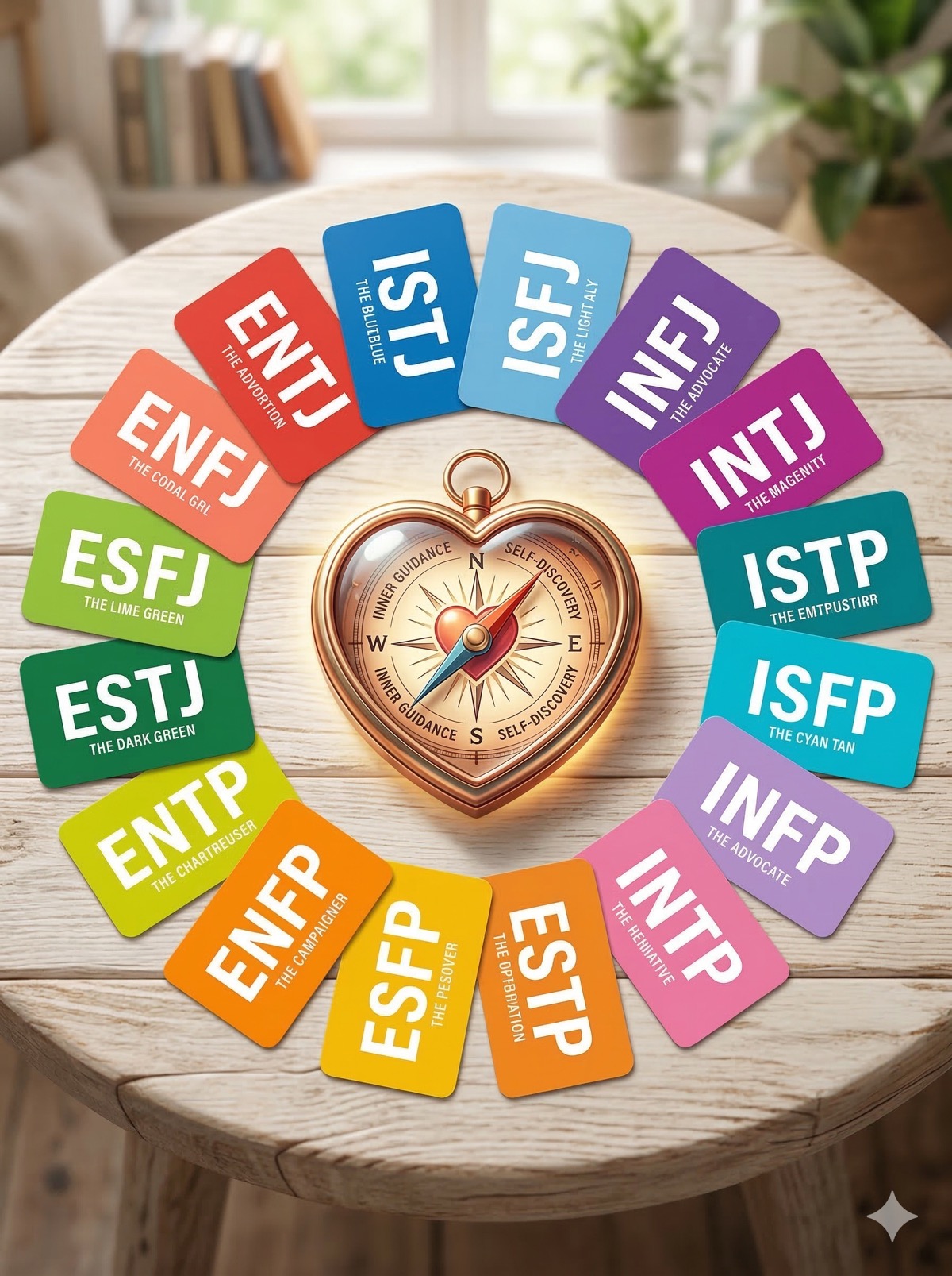 16가지 MBTI 알파벳이 적힌 다채로운 색상의 카드들이 원형으로 배열되어 있고, 가운데에 하트 모양의 나침반이 놓여 있는 직관적인 개념 이미지