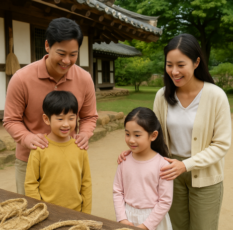 전통한옥에서 짚신을 보고 있는 4인가족