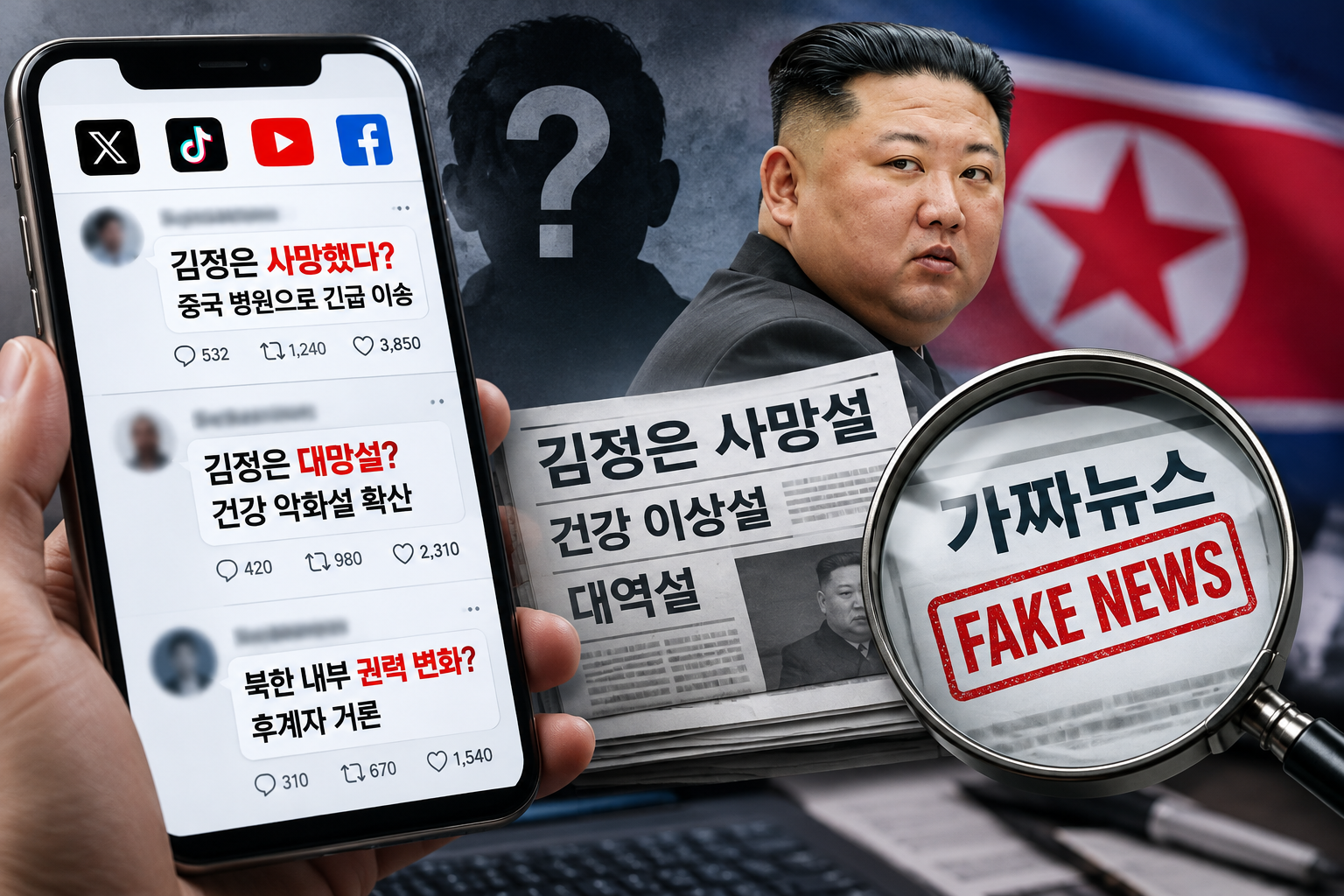 김정은 사망설과 대역설이 SNS에서 확산된 모습, 확인되지 않은 북한 관련 소문과 가짜뉴스 사실 확인 이미지