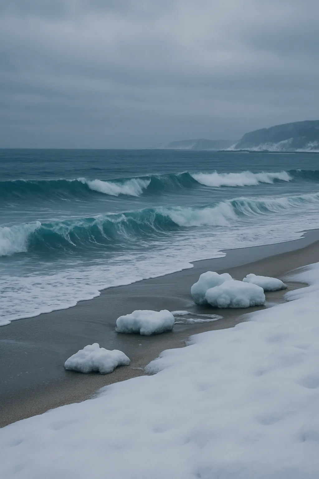 겨울-해변의-잔잔한-파도와-눈으로-덮인-모래사장이-함께-보이는-풍경으로,-차가운-공기와-수온-차이가-강조되어-겨울-바다가-더-차갑게-느껴지는-이유를-시각적으로-전달하는-이미지
