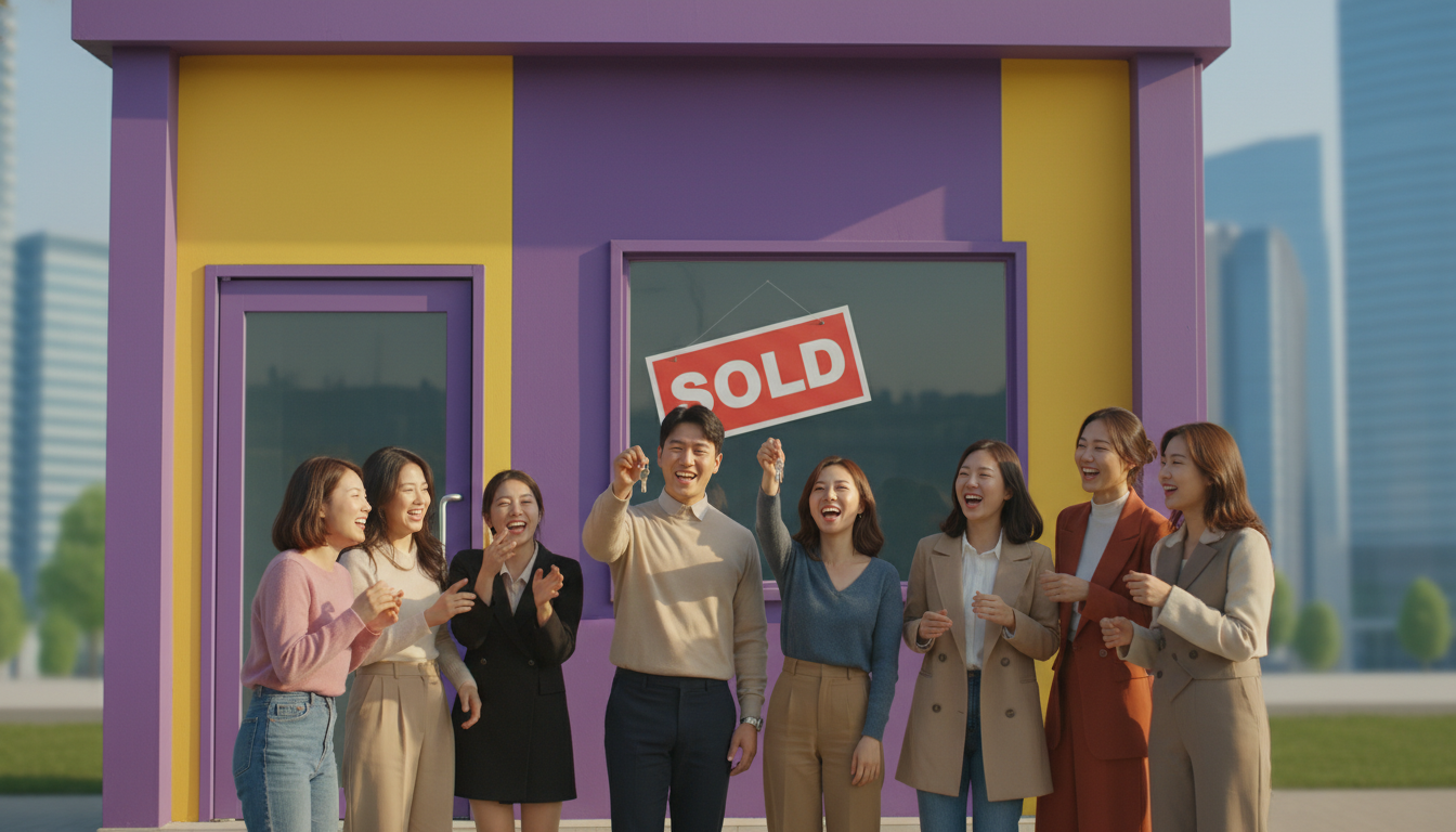 2026년 서울 도심에 위치한 보라색과 노란색 건물의 '매매 완료' 표지판 앞에서 성공적인 건물주가 된 듯 환하게 웃고 있는 젊은 한국인들의 모습. 소액 경매를 통한 부동산 투자 성공을 상징합니다.