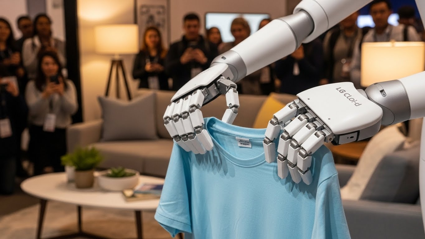 LG 클로이드 로봇이 양팔을 이용해 옷을 정교하게 개고 있는 모습. 이를 지켜보는 관람객들이 놀라워하는 표정이 담긴 클로즈업 샷