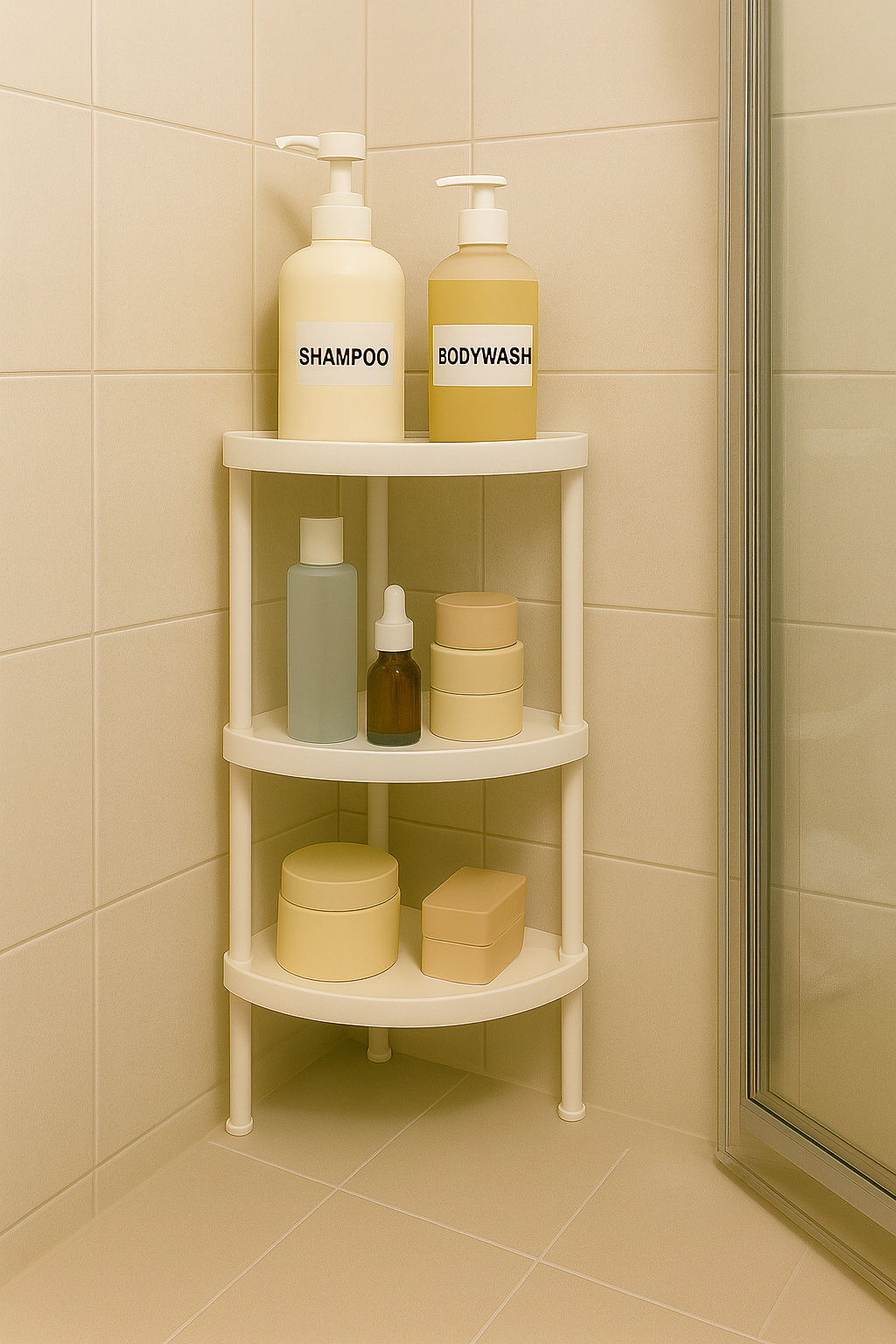 욕실 코너 선반에 샴푸와 바디워시가 정리된 모습