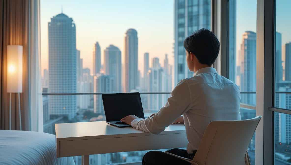 깔끔한 호텔 객실 책상에 노트북을 펴놓고 창밖 시티뷰를 보며 일하는 사람의 뒷모습.