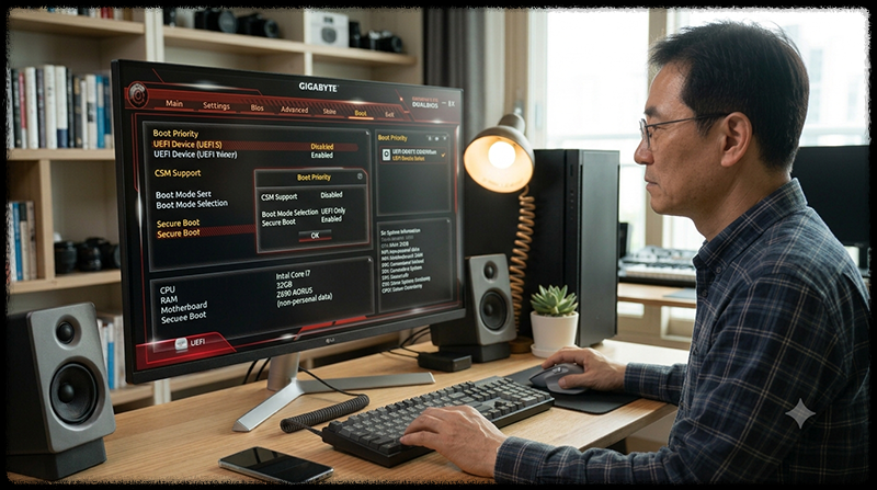 Windows 11 시스템 요구 사항을 충족하기 위해 BIOS에서 UEFI와 Secure Boot를 설정하는 모습