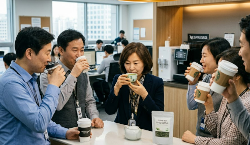 집중력 개선을 위해 녹차를 즐겨 마시고 있는 여성