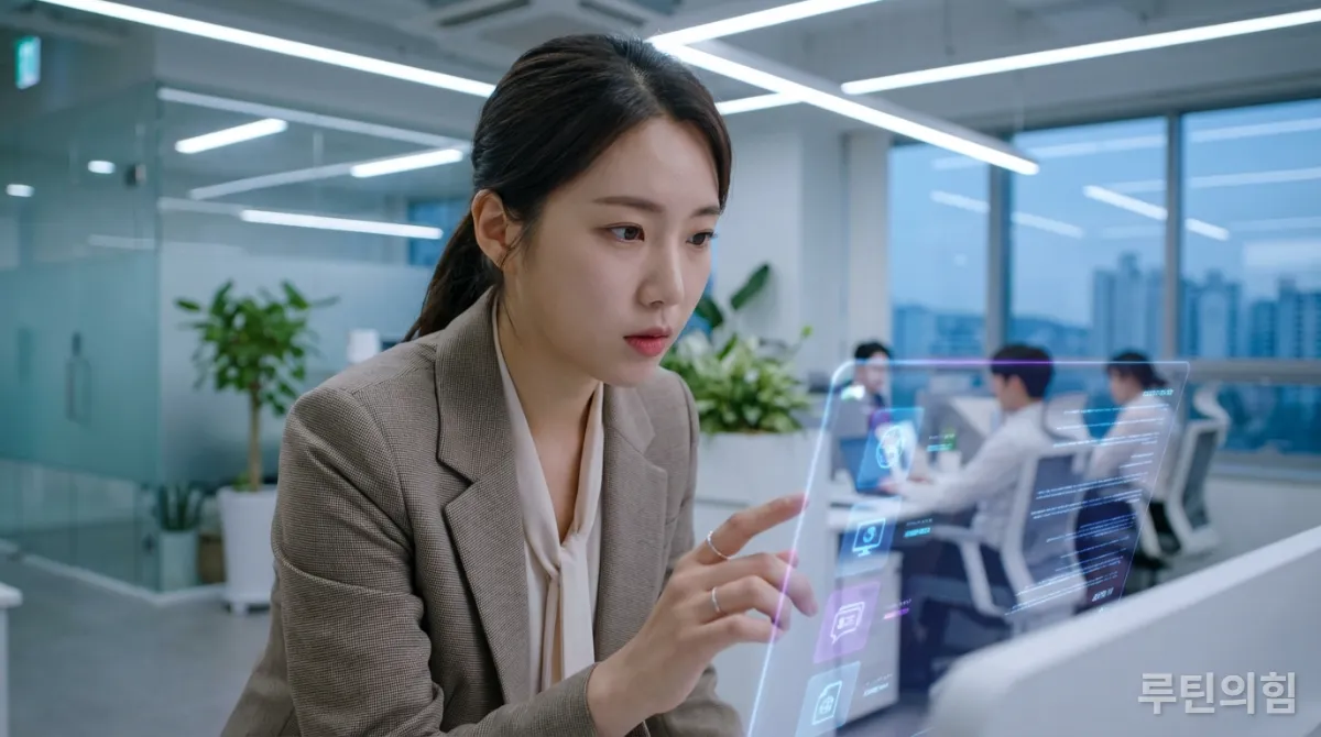 AI 비서와 상호작용하며 업무에 집중하는 한국인 직장 여성