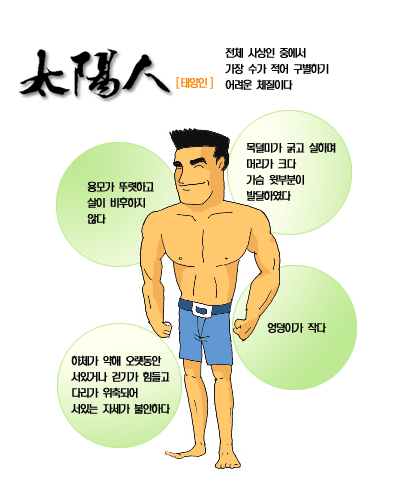 사상체질 중에 태양인의 체형과 얼굴형, 그리고 각종 특성을 잘 설명하고 있는 만화 이미지