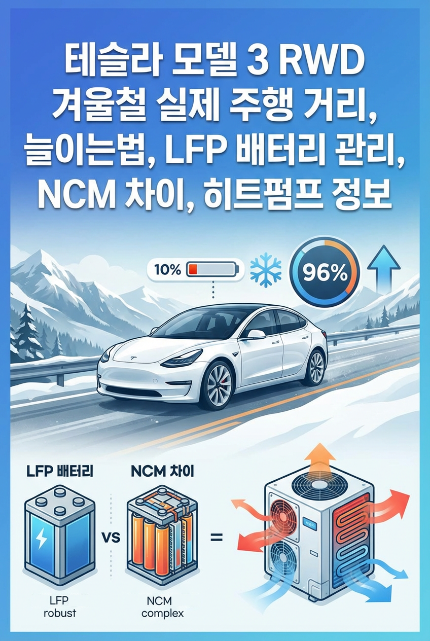 테슬라 모델 3 RWD 겨울철 실제 주행 거리, 늘이는법, LFP 배터리 관리, NCM 차이, 히트펌프 정보
