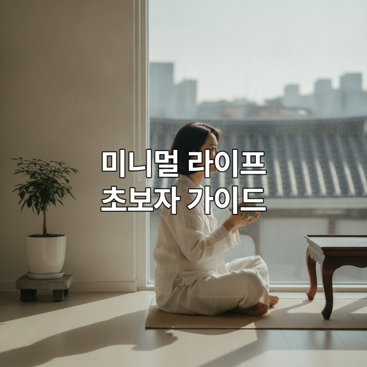 깔끔하고 해가 잘 드는 미니멀한 한국 아파트에서 창밖을 바라보며 평화롭게 앉아있는 한국 여성