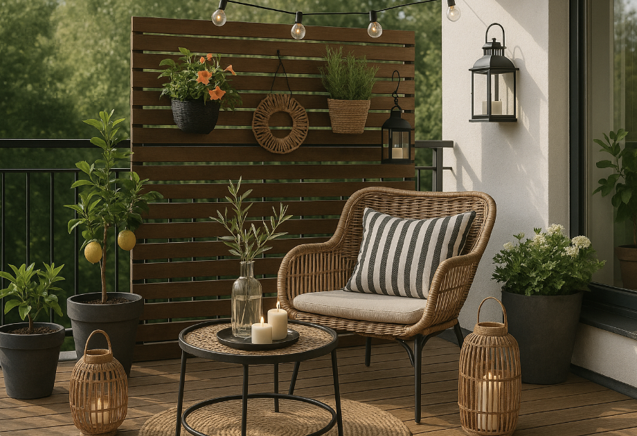 햇살이 비치는 아파트 발코니에 라탄 의자와 하분, 조명, 쿠션, 테이블이 어우러진 스타일리시한 아웃도어 인테리어. 따뜻한 자연광 아래 초록 식물과 우드 소재가 조화를 이루는 세련된 정원 분위기의 발코니 인테리어 이미지