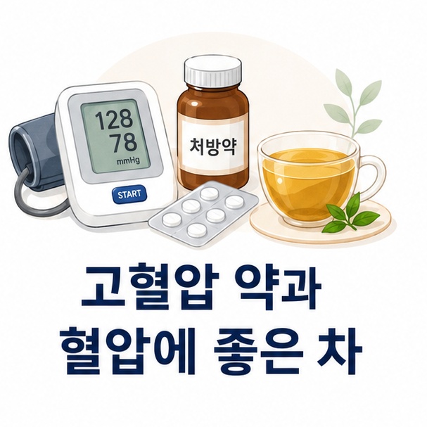 혈압계와 처방약, 찻잔을 함께 배치해 고혈압 약과 혈압에 좋은 차를 표현한 이미지